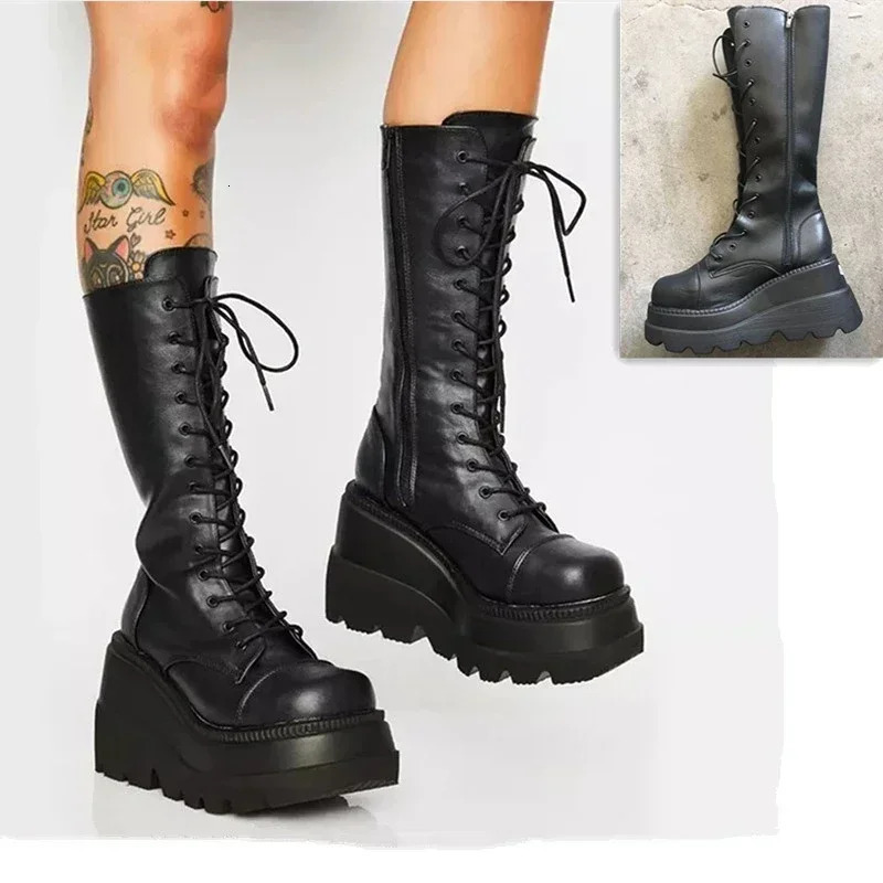 Punk Women Platform Boots Elastic Microfiber Chunky Heel Mid-calf Ladies Boots Spring Autumn Black Goth Women Shoes 241114