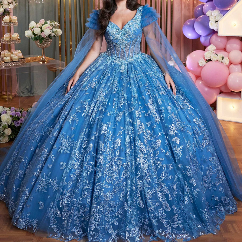 Blue Shiny Quinceanera Dresses Off Shoulder Vestidos De 15 Anos With Cape Sequin Applique Bow Beads Tull Formal Birthday Party Sweet 16 Dress