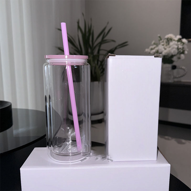 16oz 20oz Double Wall Sublimation Glass Can Snow Globe glass Tumbler Beer Glass Clear Drinking Glasses With Bamboo Colored Lid
