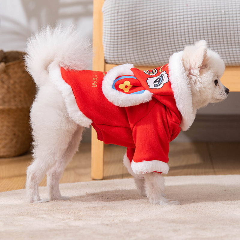 Autumn Winter Thickening Plush Coat Awaken Lion Chinese garments for Small Dogs Puppy T-Shirt Fleece Pullover Pet Clothing