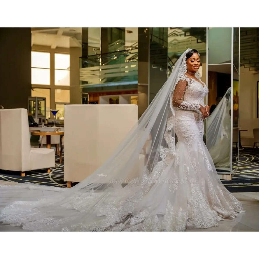 2023 Lace Mermaid Sheer Long Sleeves Pearl Beaded Wedding Dresses African Plus Size Bridal Gowns Bc15031 0215