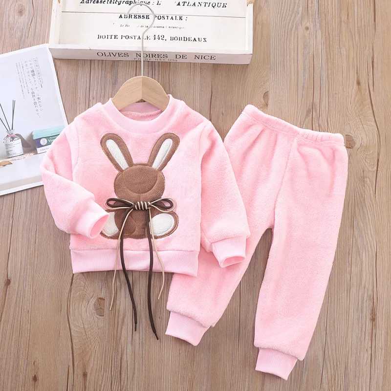 Clothing Sets New Cartoon Mouse Pajama Sets For Baby Boys Girls Winter Plus Velvet Thick Flannel Homewear Children Warm Sleepwear Suit 2Pcs H241126