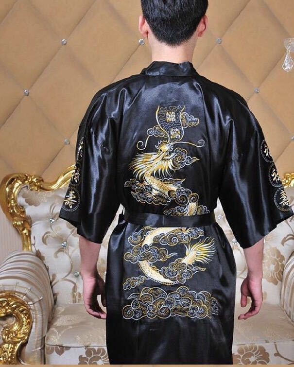 Navy Blue Chinese Mens Satin Silk Robe Embroidery Kimono Bath Gown Dragon Size S M L XL XXL XXXL S0008 240812