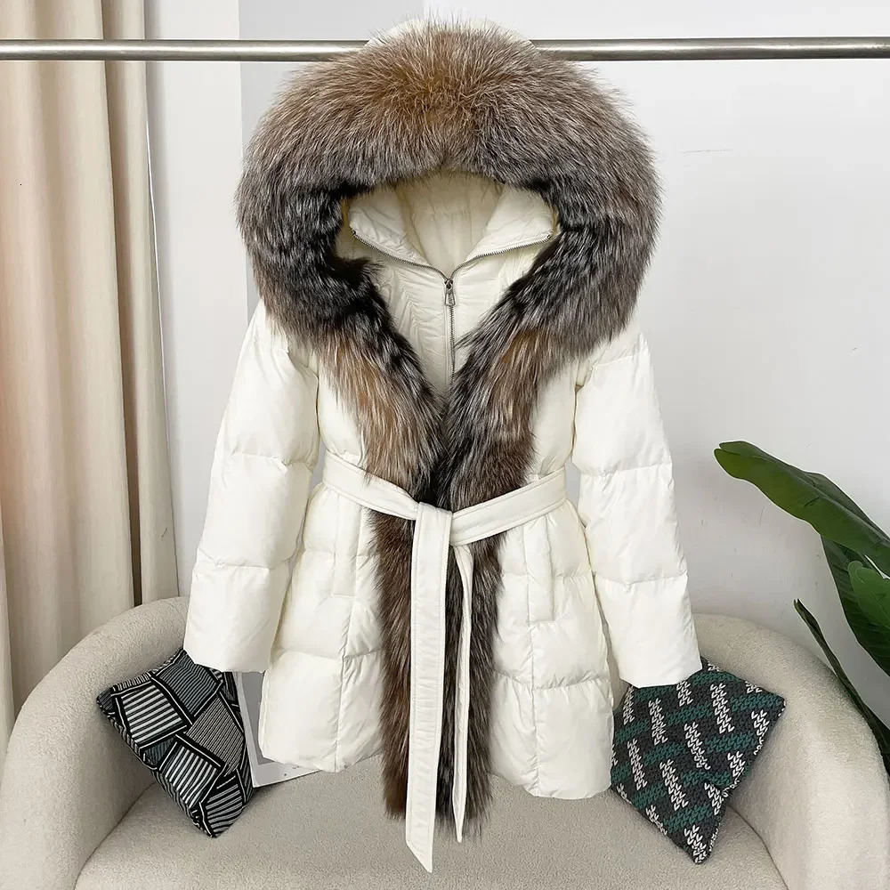 Thick and warm street clothing casual white duck down jacket winter jacket womens hooded sweatshirt natural fox fur coat 241121