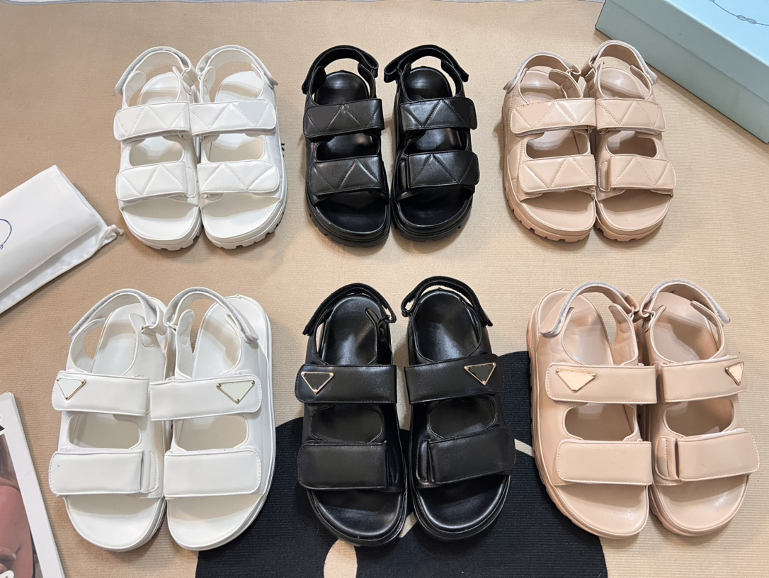 With box Designer Women Sandals Triangle Luxury Platform Sandals Fashion Flat heel shoes Leather Casual Sandals