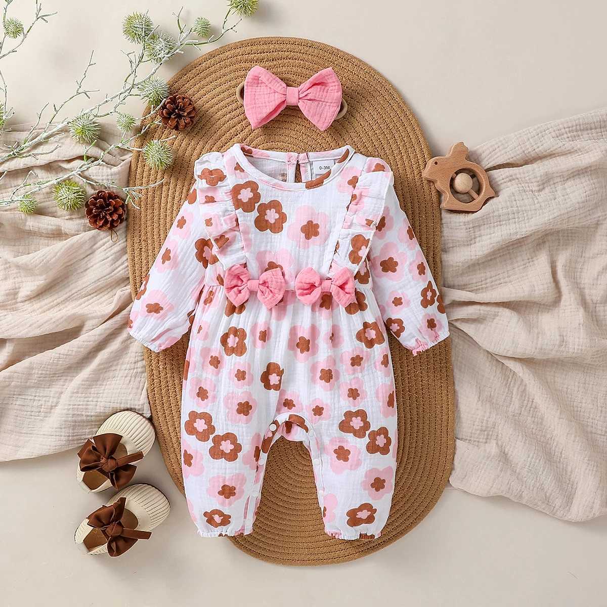 Clothing Sets 2024 New Style Baby Girls Spring/ Autumn Long Sleeve Print Flower With Bow O-18M Honey Dressy Jumpsuit +Headband H241126