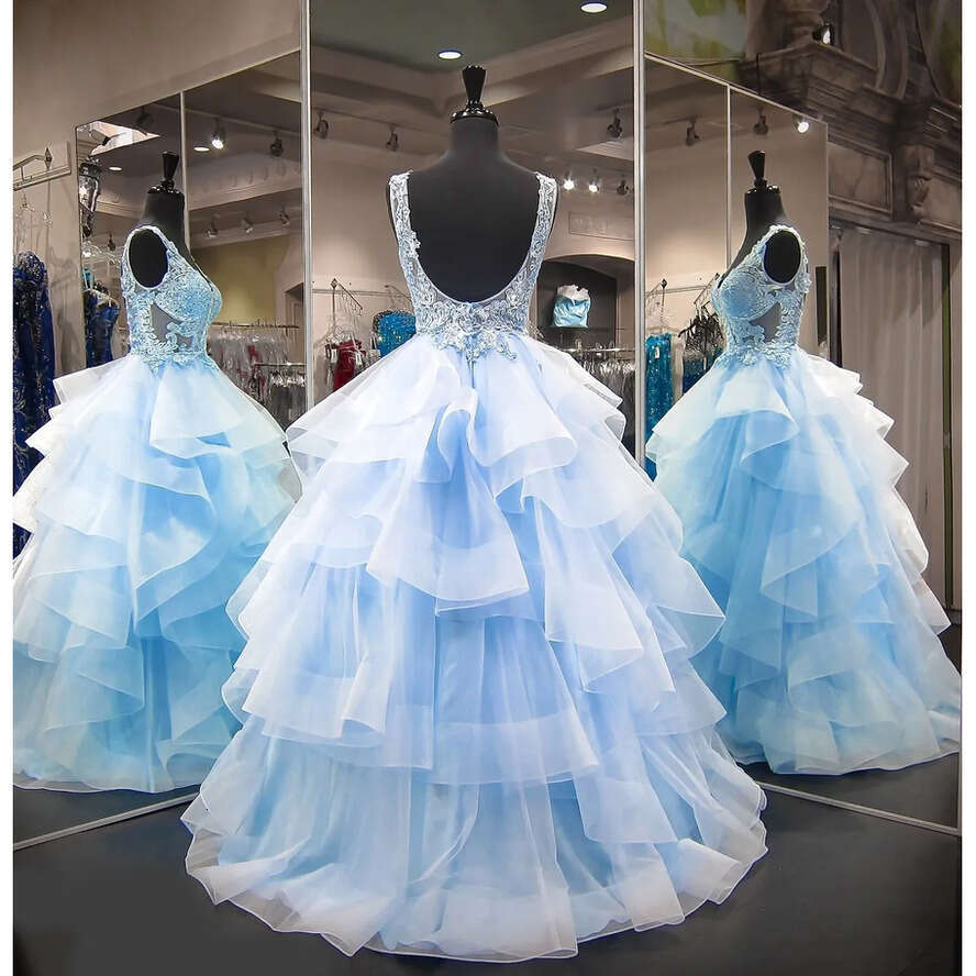 Year Sweet Lace Quinceanera Blue Tulle Vestido Debutante Anos Ball Gowns V Neck Sheer Prom Dresses For Party Ruffles