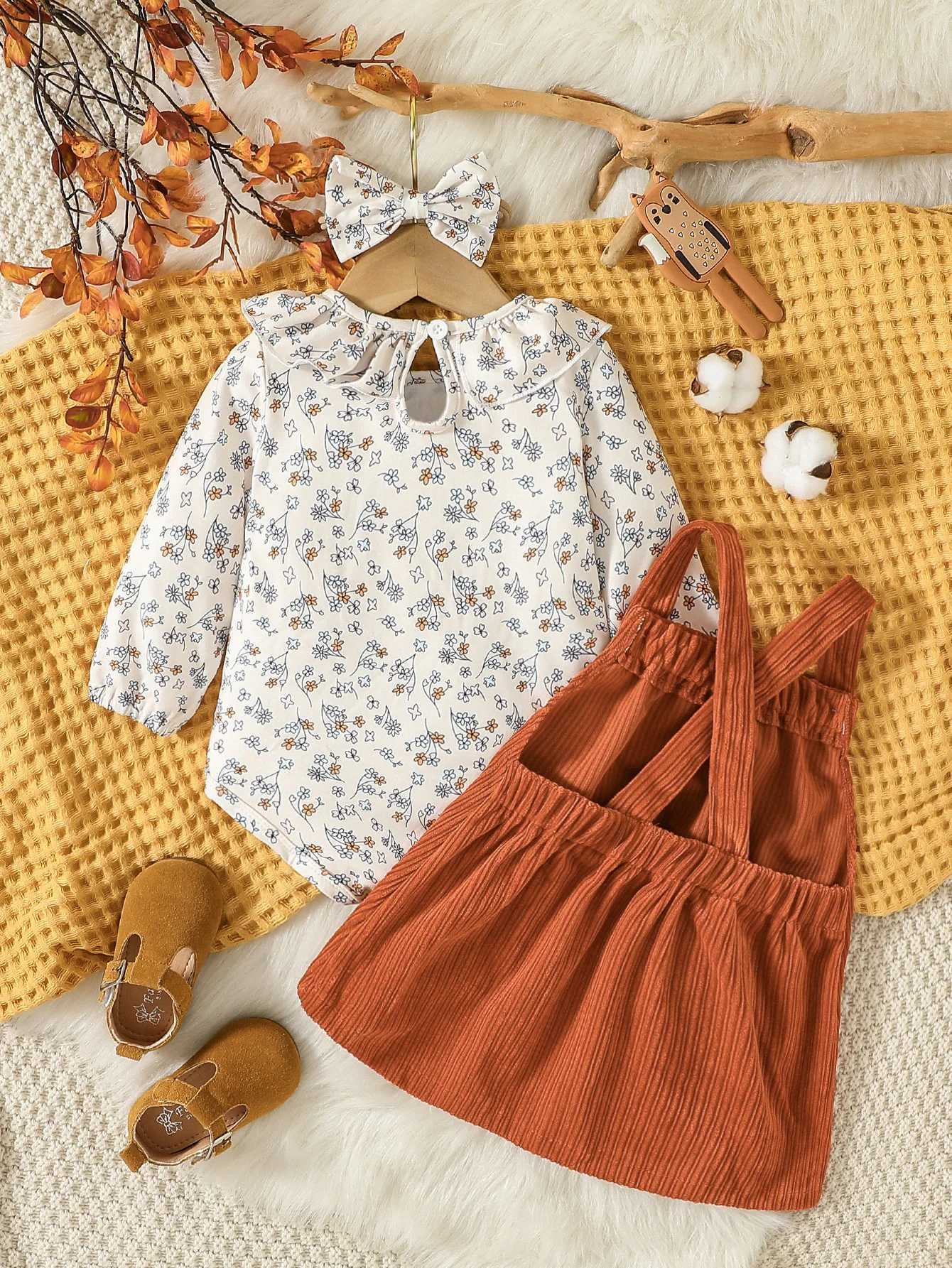 Clothing Sets Infant Baby Girls Skirt Set Autumn Long Sleeve Floral Printed Two-piece +Bow hair accessories H241126