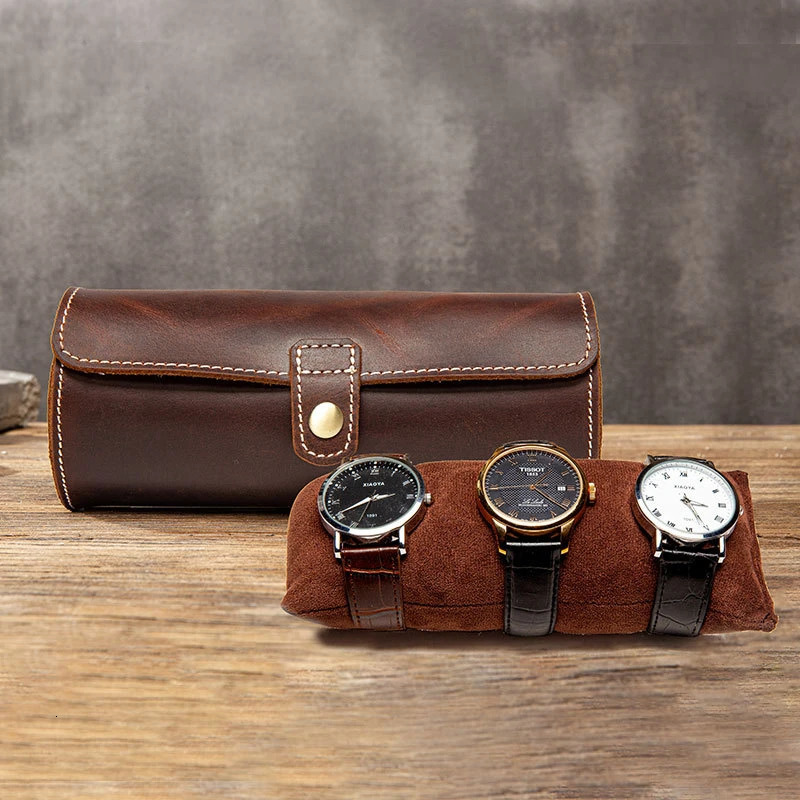 Crazy Horse Leather Watch Roll Case Portable Vintage Holder Travel Wrist Jewelry Storage Pouch Organizer 240415