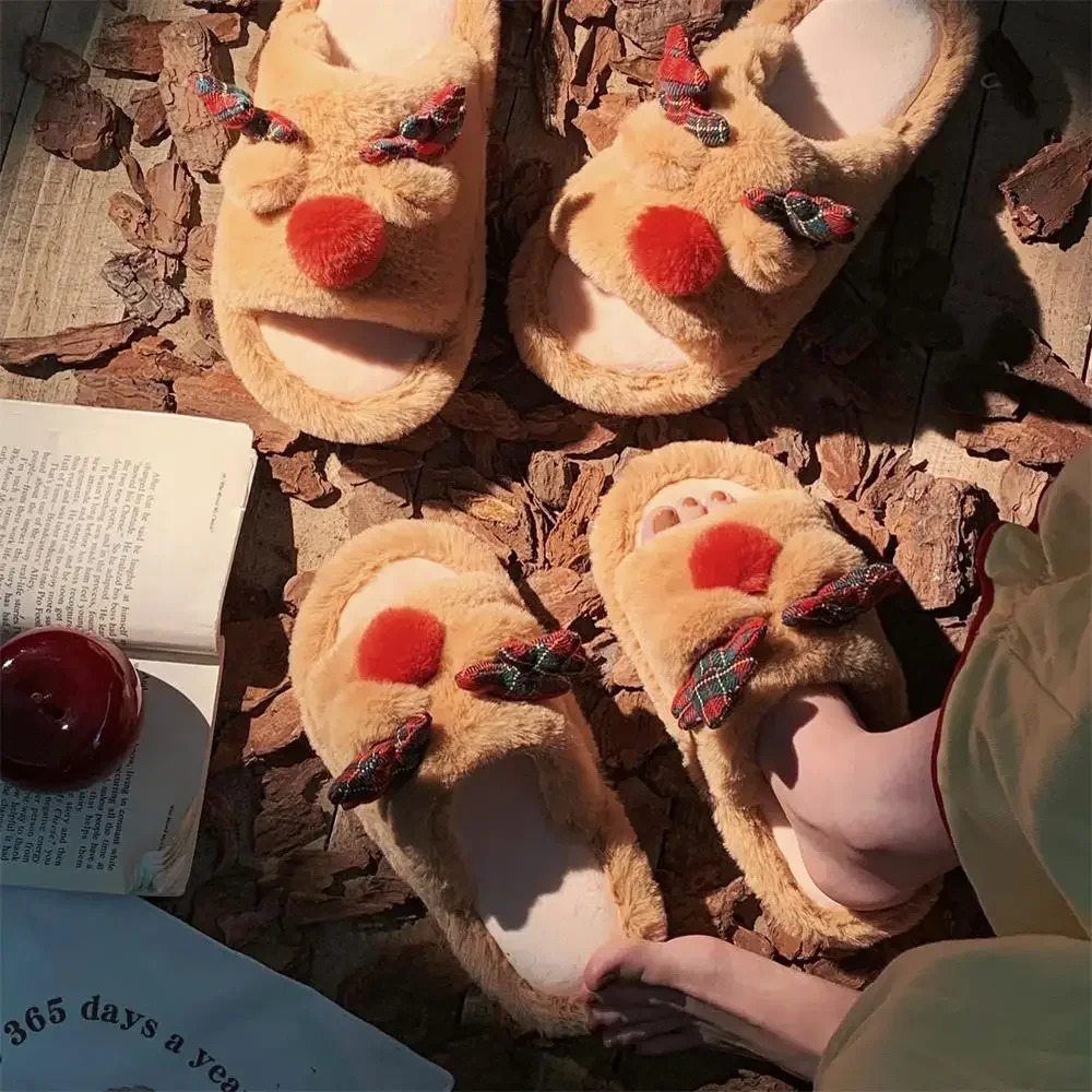Winter girls cotton warm plush fur non-slip Christmas slippers antlers outdoor breathable sole soft home shoes 241126