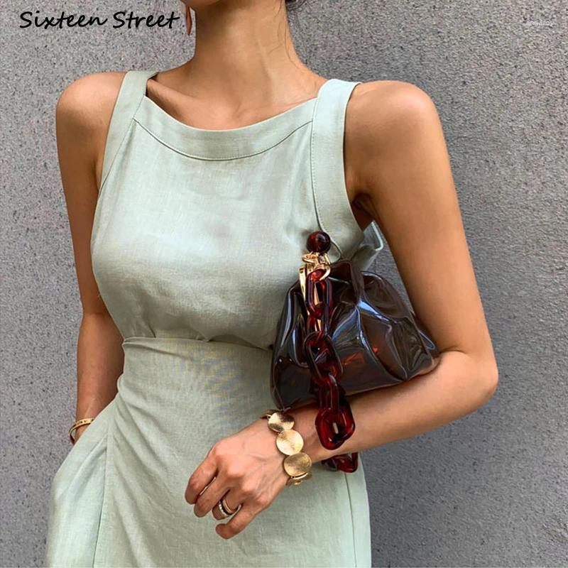 Casual Dresses Chic Green Dress For Women Lace-up Sleeveless 2024 Summer Elegance Vestido Clothing Business Korean Street Linen