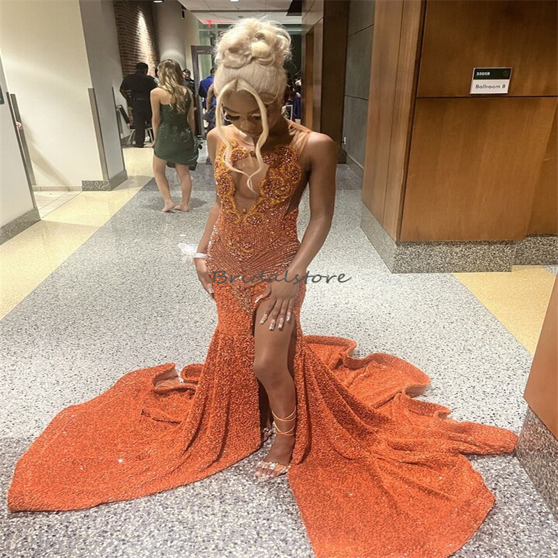 Luxury Sequin Orange Prom Dress For Black Girls Beaded Crystal Birthday Party Dresses Evening Wear With High Slit Court Train Ceremony Shine Robe De M