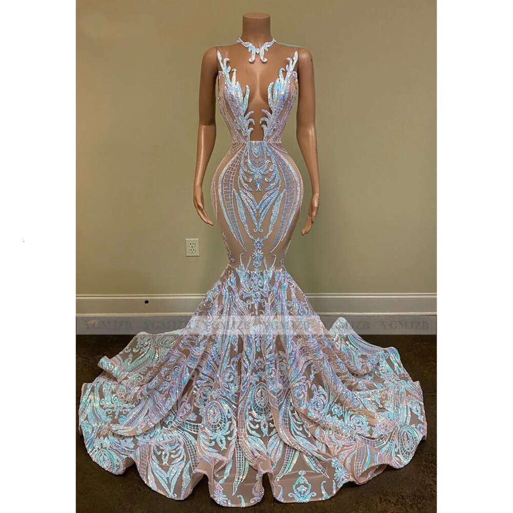Sequin Sparkly Long Girls Black Prom Dresses Sexy Illusion O Neck Mermaid African Women Gala Evening Party Gowns Robes