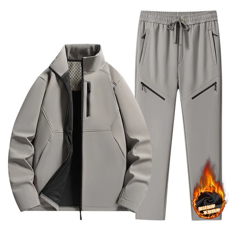 Large size 6XL mens soft shell track suit thick wool lining hooded sweatshirt long hooded sweatshirt set mens jacket pants 2-piece set sportswear 2411