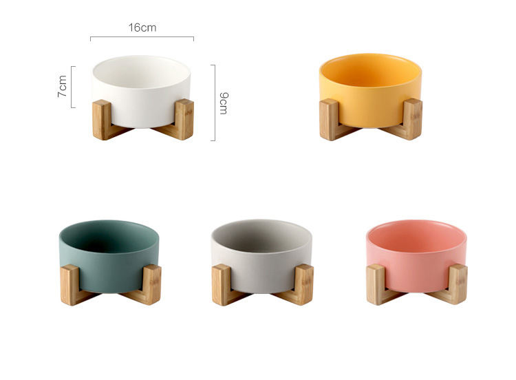 Wholesale Ceramic Wooden Frame Pet Bowl Multi-Colors Rounded Shape