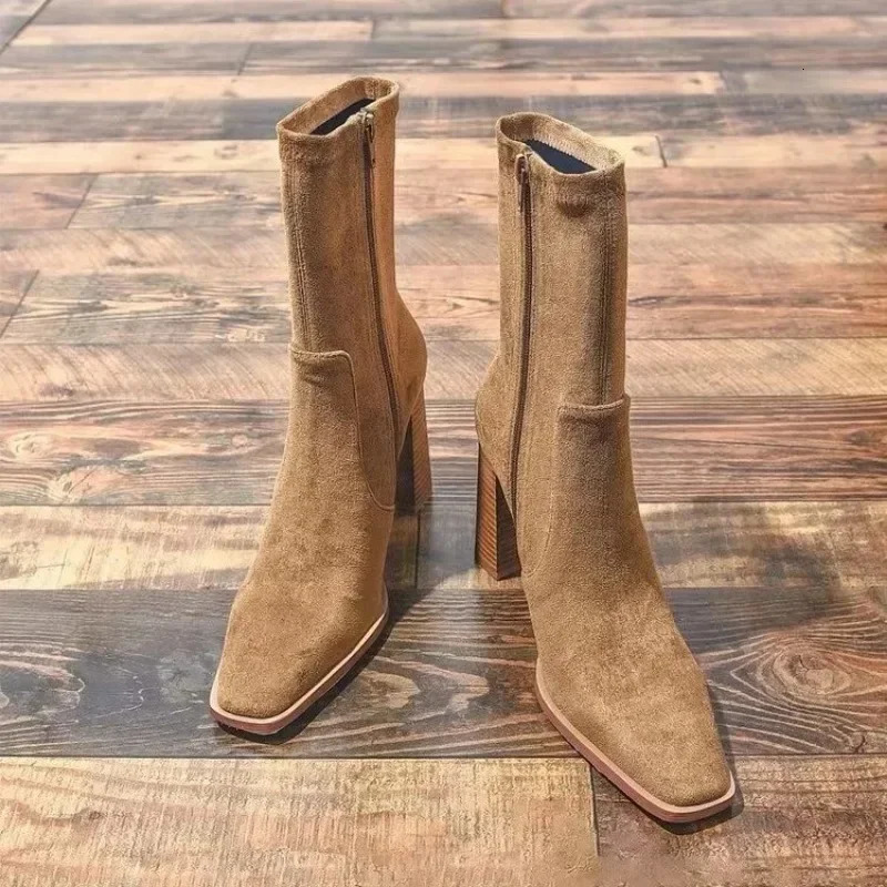 Ladies Shoes Side Zipper Womens Boots Winter Square Toe Solid Short Barrel Chunky Heel Fashion Boots Zapatos 241114