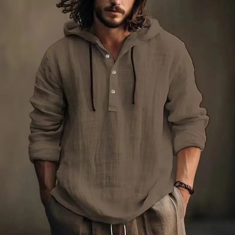 Mens shirts hoodies long sleeved buttons pure cotton linen casual loose holiday shirts mens T-shirts 241126