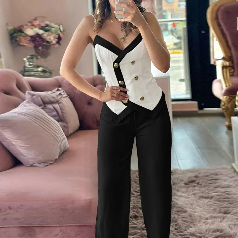 Elegant Double Breasted Sling Printing Sets For Women Summer Fashion Sleeveless Sexy Off-shoulder Long Pants Female Party Suits 240415