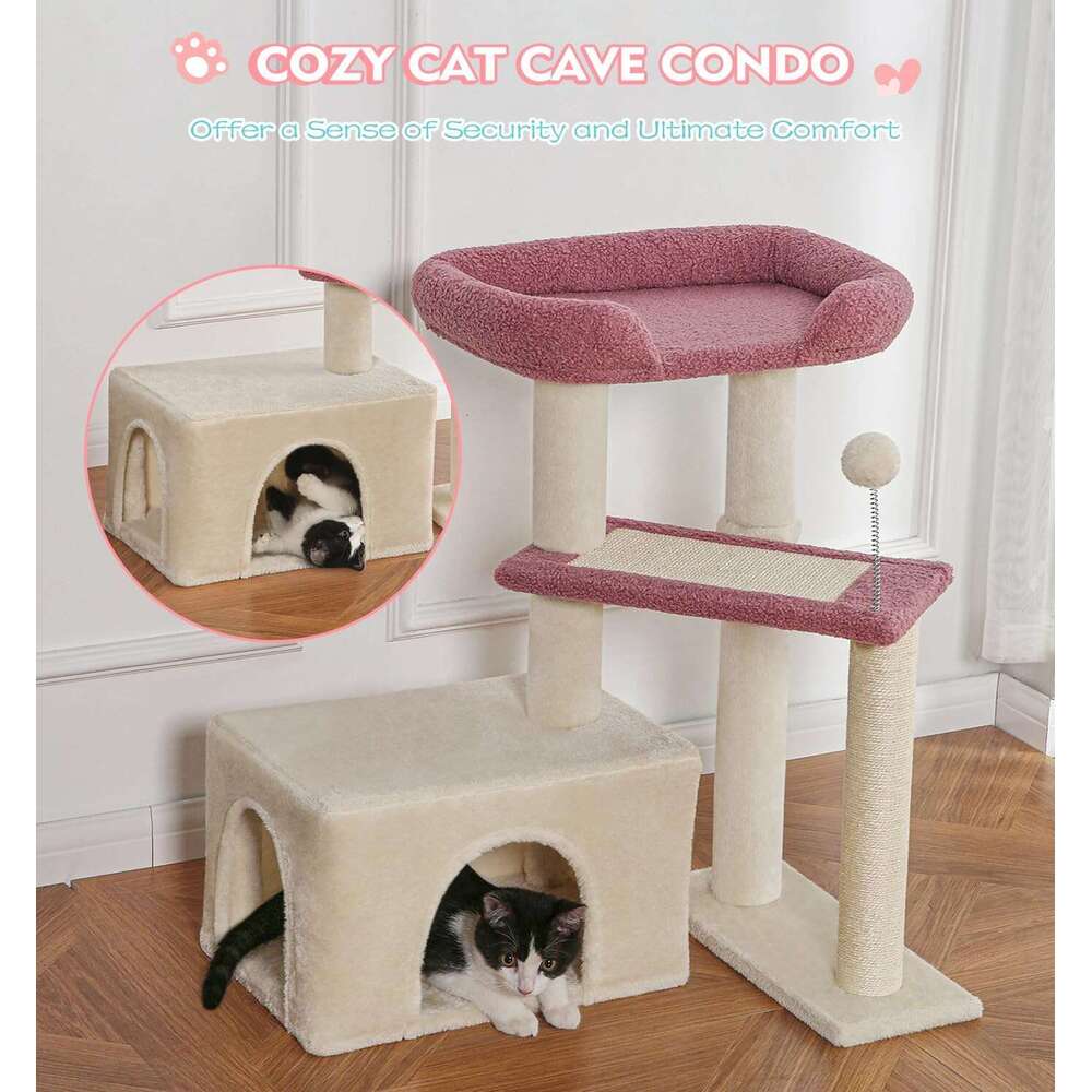 Made4Pets Cat Tree, Cat Tower Indoors Cute Wood Kitty Condo with Scratching Post Pad, 29" Multi-Level Modern Activity Climbing Furniture, Pink, 3