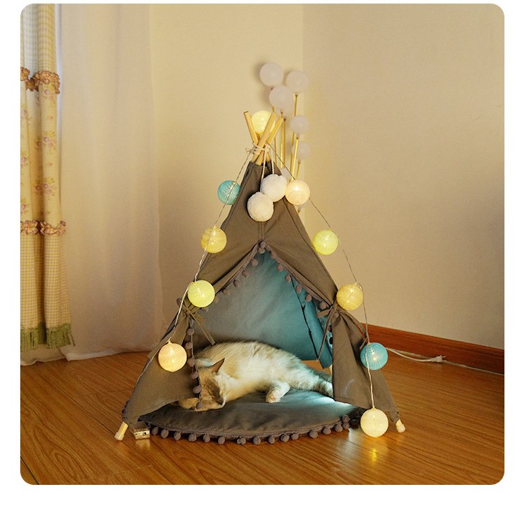 Washable Comfortable Indoor Pet Teepee Tent Cat Cave Bed Felt With Pattern Windows For Cats Dogs