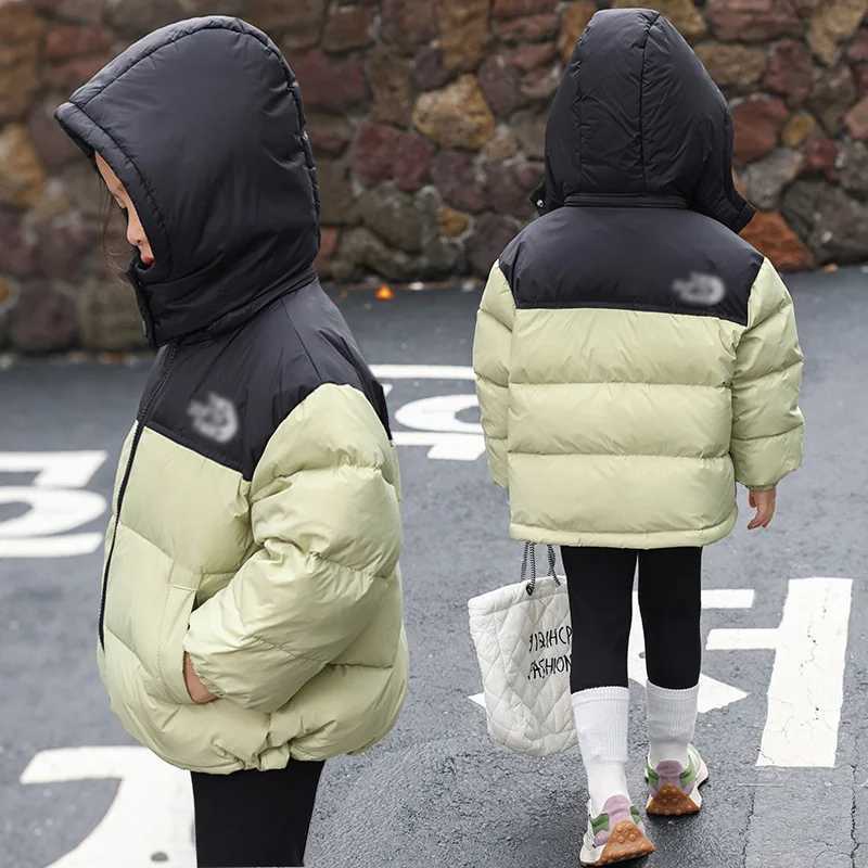 Down Coat Childrens clothing winter childrens down jacket boys and girls color block jacket thickened removable hood down jacket H241123
