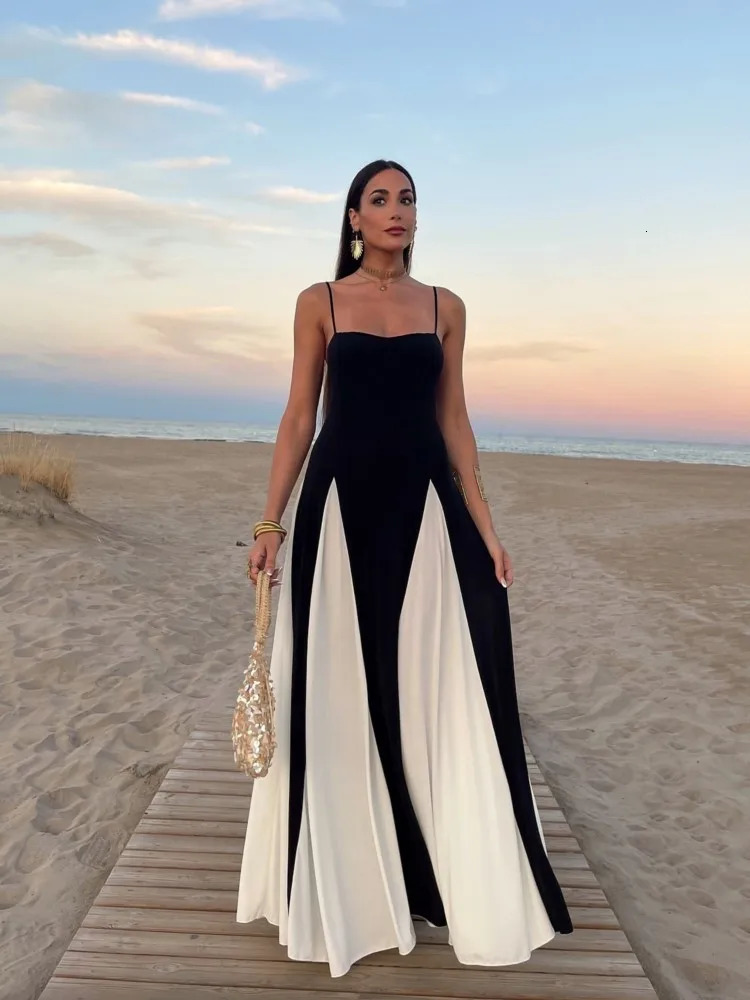 Elegant Black White Contrasting Women Sling Dress Fashion Backless Sleeveless High Waist Maxi Dresses Female Party Aline Robes 241112