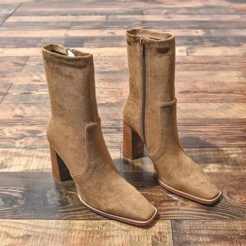 Ladies Shoes Side Zipper Womens Boots Winter Square Toe Solid Short Barrel Chunky Heel Fashion Boots Zapatos 241114