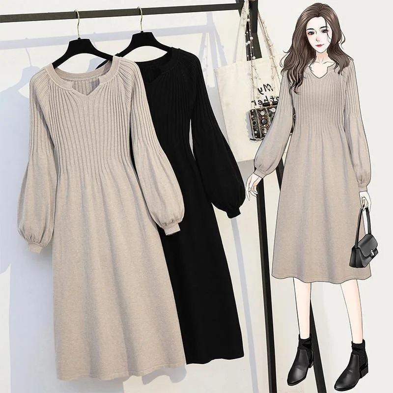 Plus Size Dress Loose Belly Covering Medium To Long Length Knitted Base Sweater Autumn Winter Simple Versatile Skirt 241112