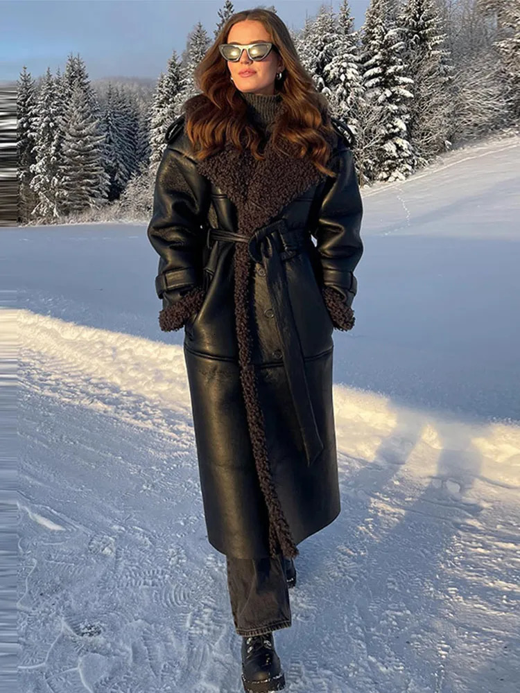 Street womens leather sheepskin wool coat long sleeved single breasted jacket with lapel 2024 thick winter jacket 241126