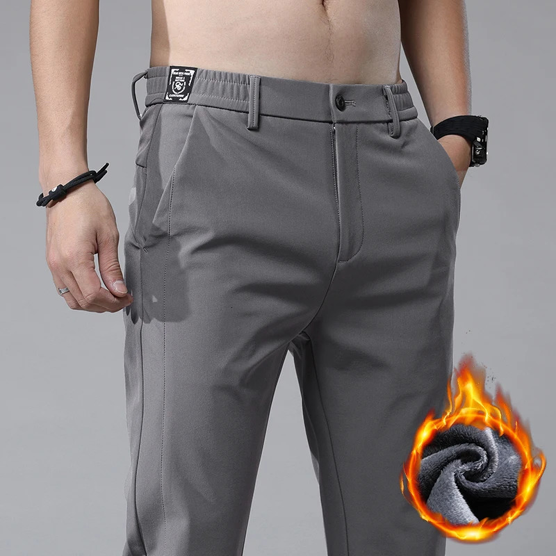 Korean Mens Warm Golf Pants Slim Straight Winter Thick Fleece Casual Pants Business Fashion Stretch Thermal Trousers Male 241126