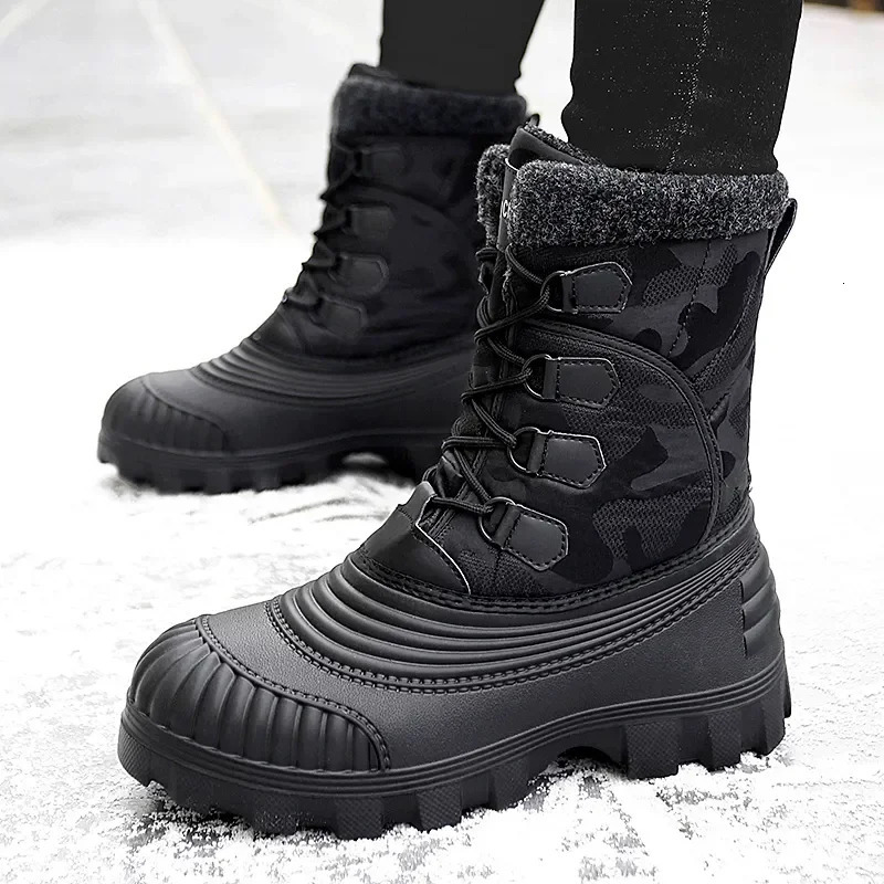 High top winter camouflage boots warm and thick plush mens outdoor walking shoes waterproof snow boots mens cotton shoes mens lace boots 241126