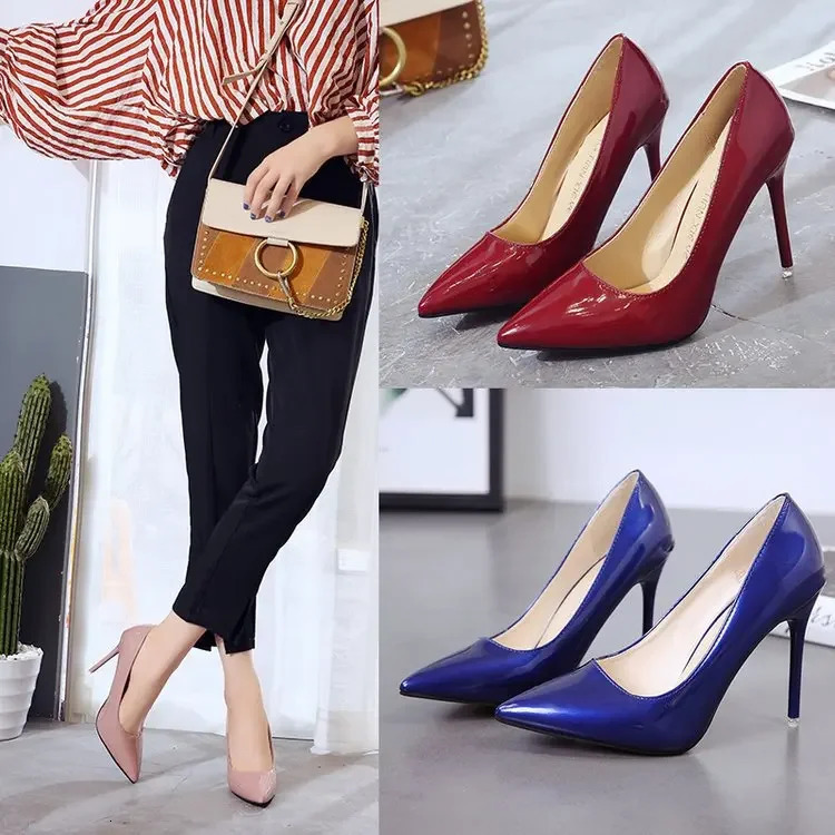 Plus Size 34-44 Women Shoes Pointed Toe Pumps Patent Leather Dress High Heels Boat Shoes Wedding Shoes Zapatos Mujerd76 241126