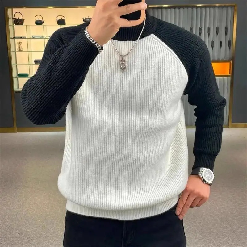 Autumn and Winter Mens Sweater Casual Warm Loose Fashion Patch Work Pulling Flower Retro Harajuku Round Neck Knitted Bottom Sweater 241126