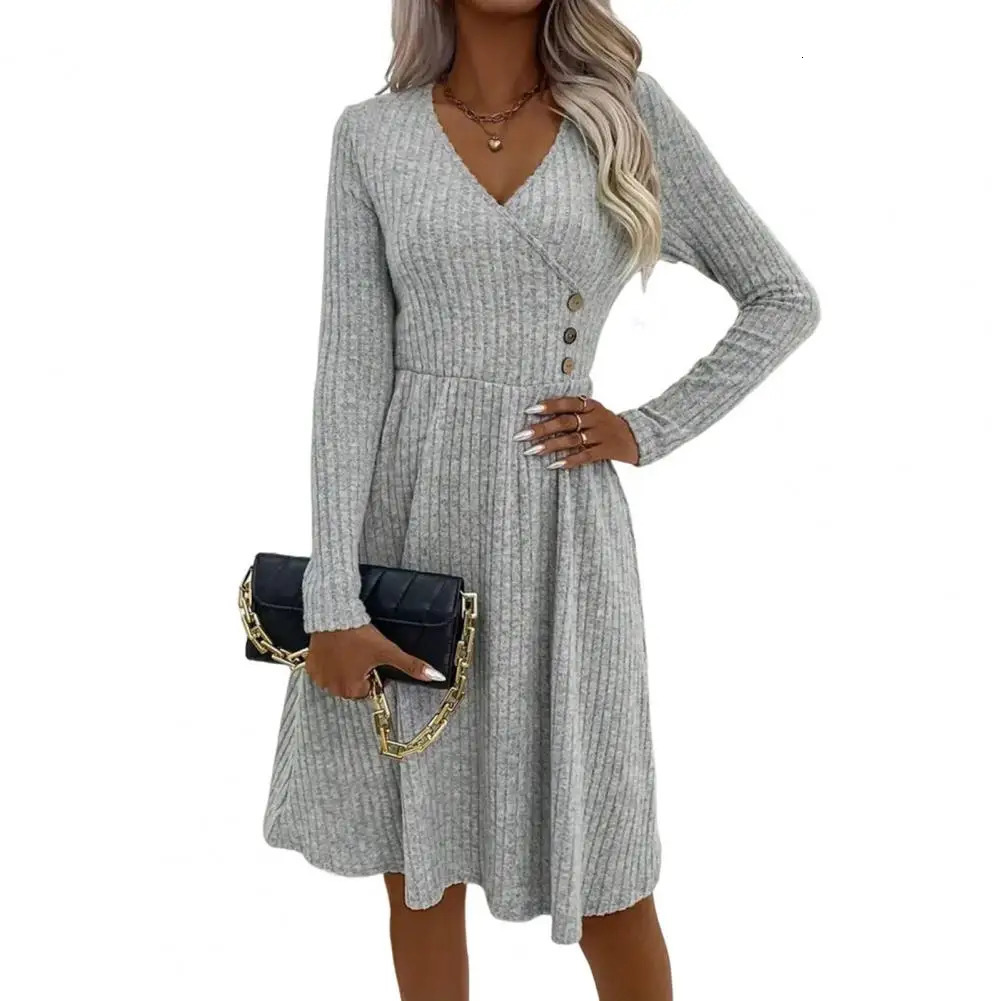 Autumn Winter Sweater Dress V Neck Aline Knitted Long Sleeves Big Hem Midi 241112
