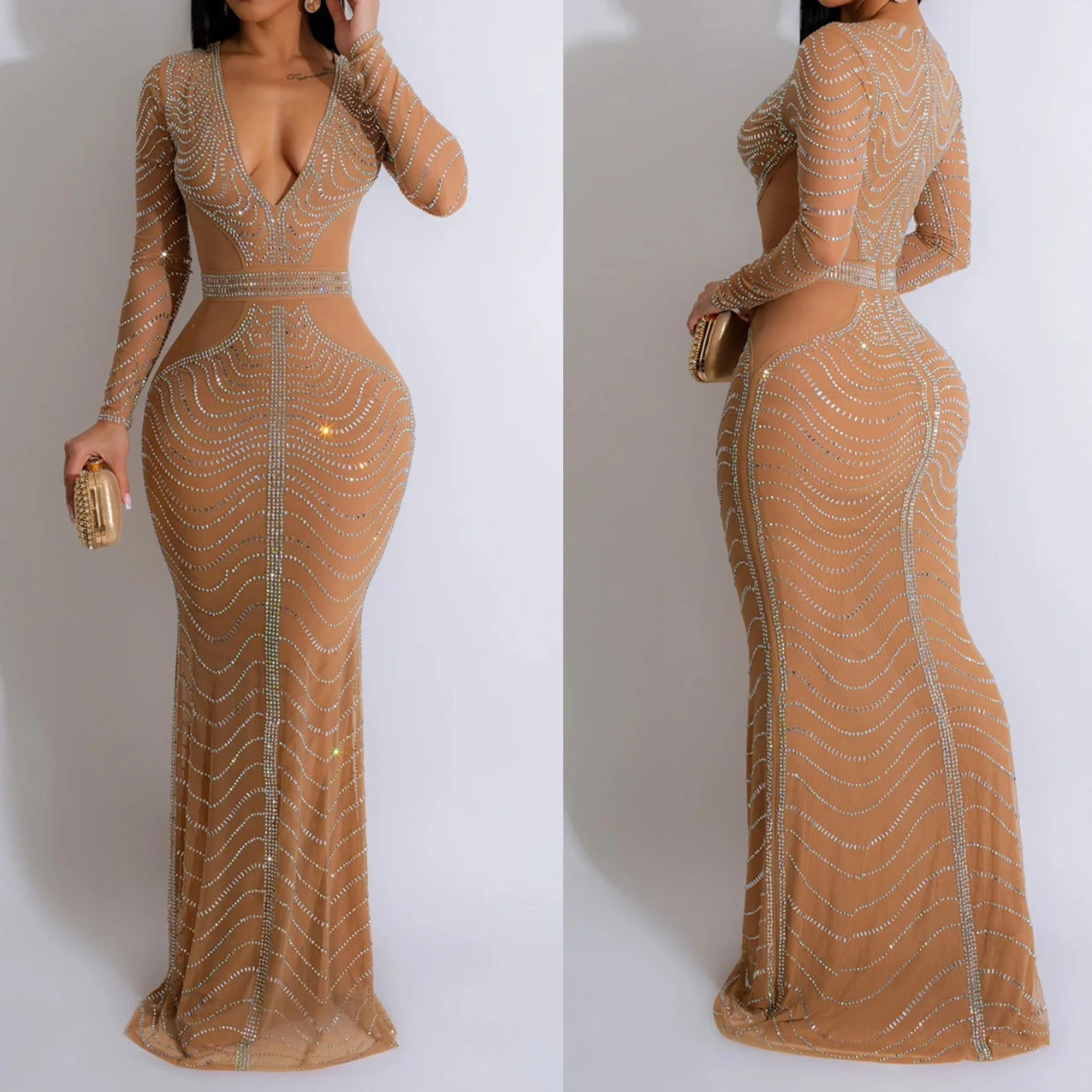 Womens Long Dress Sparkling Diamond Christmas Womens Long Sleeve Elegant Party Cocktail Ball Evening Dress HXY19 241125