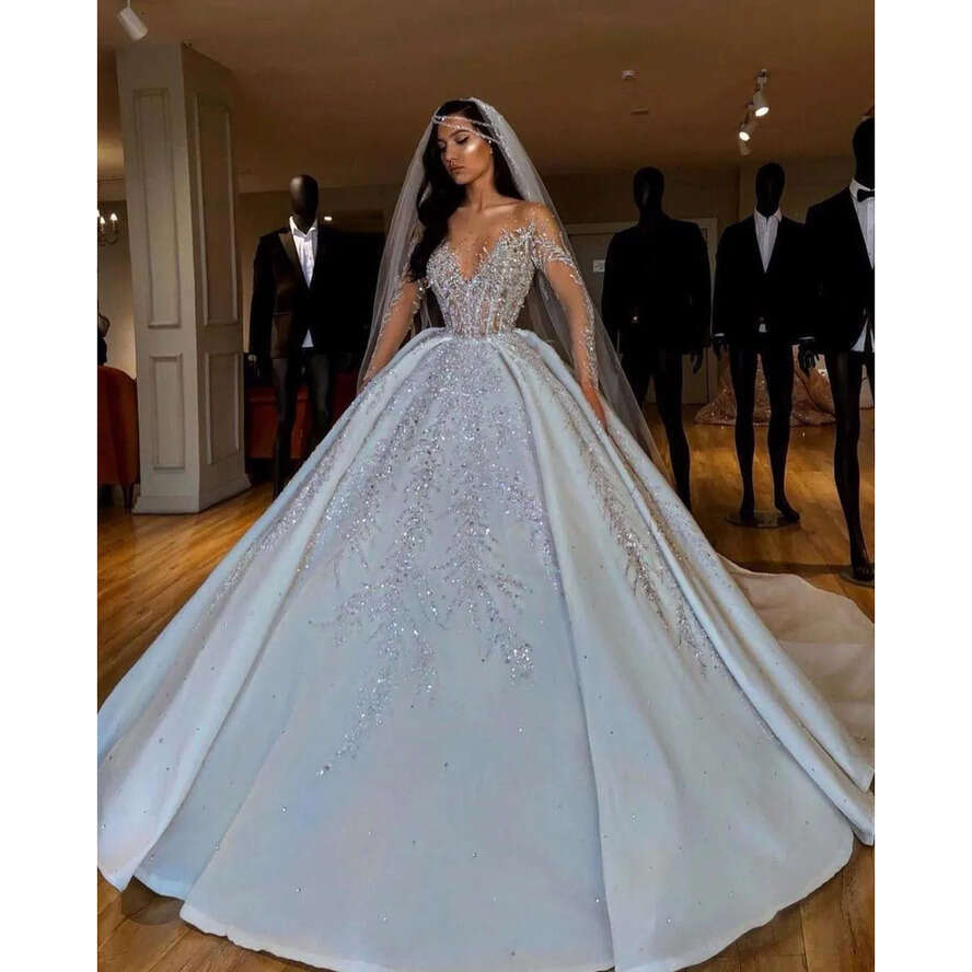 Arabic Sheer Long Sleeves Satin Ball Gown Dresses 2020 Dubai Beaded Crystals Ruched Chapel Train Wedding Bridal Gowns Cph044