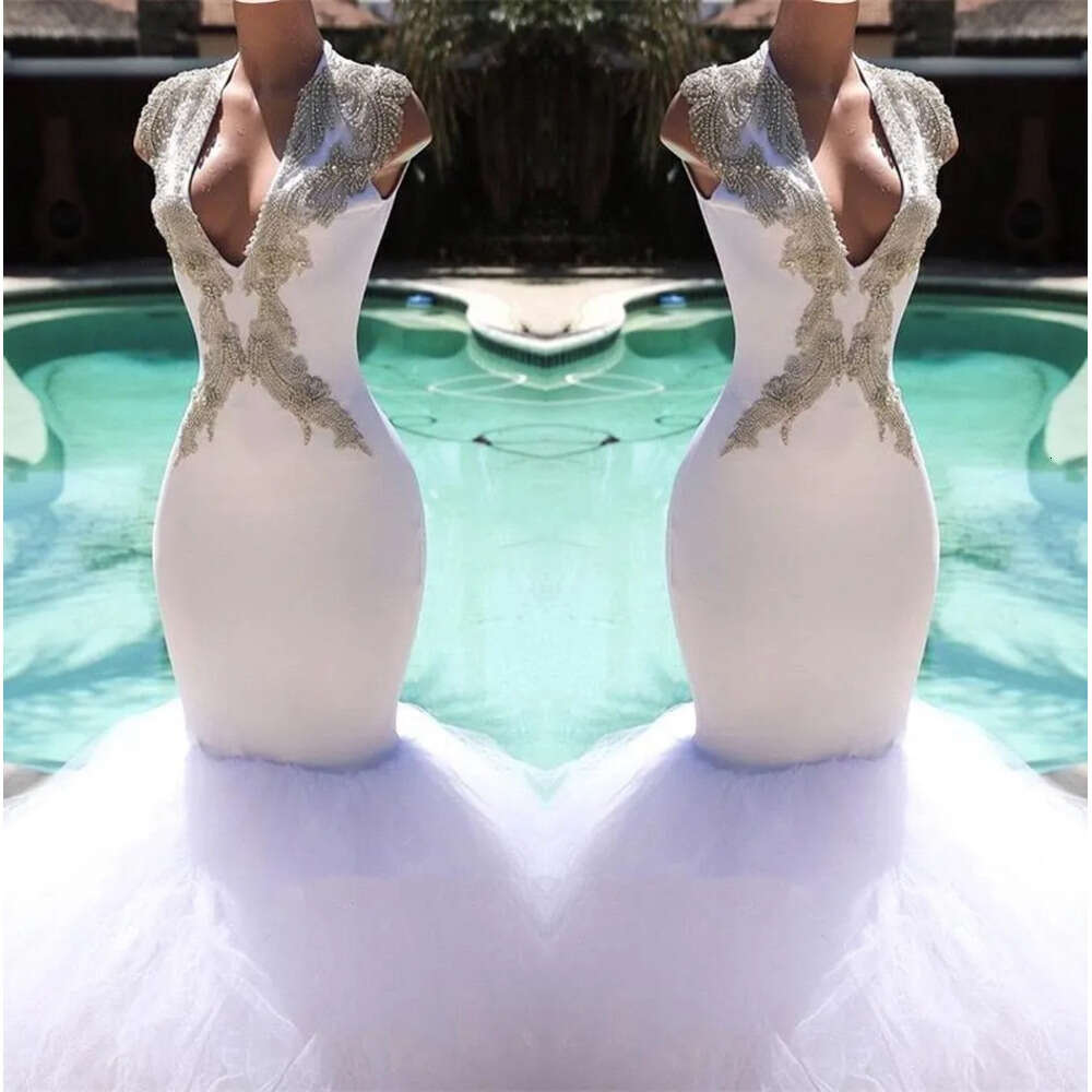 Tulle Mermaid White V Neck Long Beaded Stone Top Sweep Train Evening Party Dresses Prom Gowns Bc 6660306