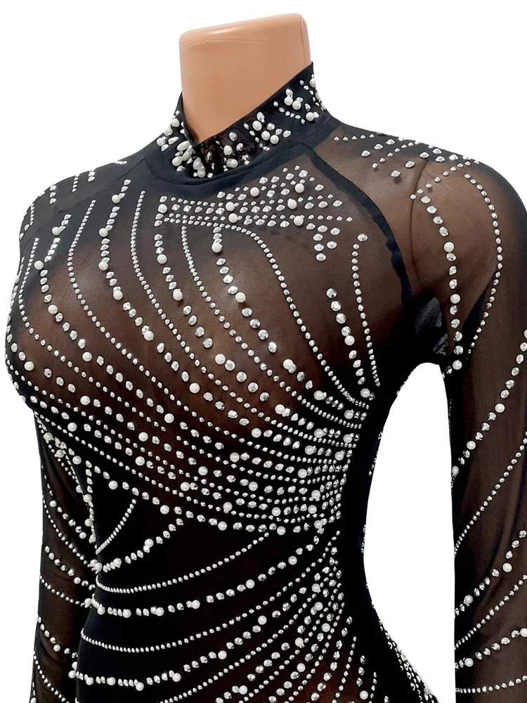iDress Sexy Pearls Rhinestone Party Dresses Women Elegant Nightclub Feather Birthday Dress Long Sleeve Mesh Sheer Bodycon 241112
