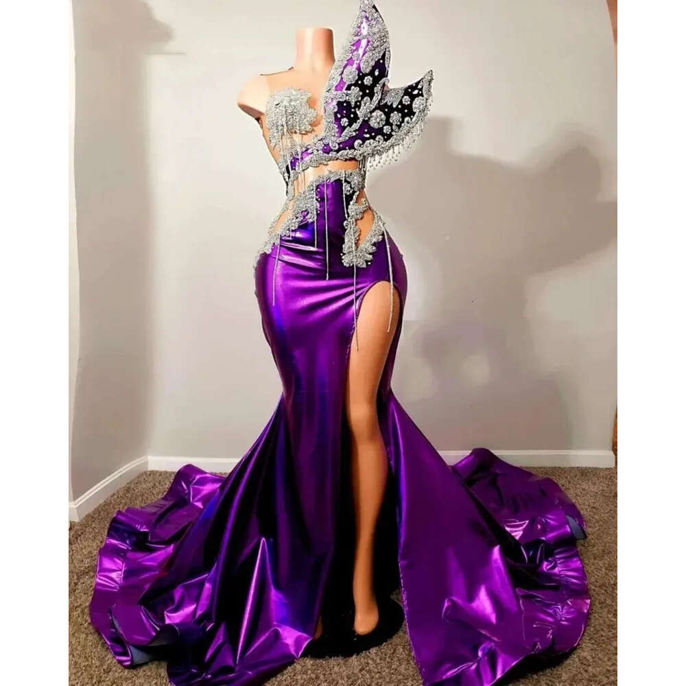 Sexy Prom Dress Purple Sparkly Illusion Beads Crystal High Side Split Formal Birthday Party Gowns Robe De Bal