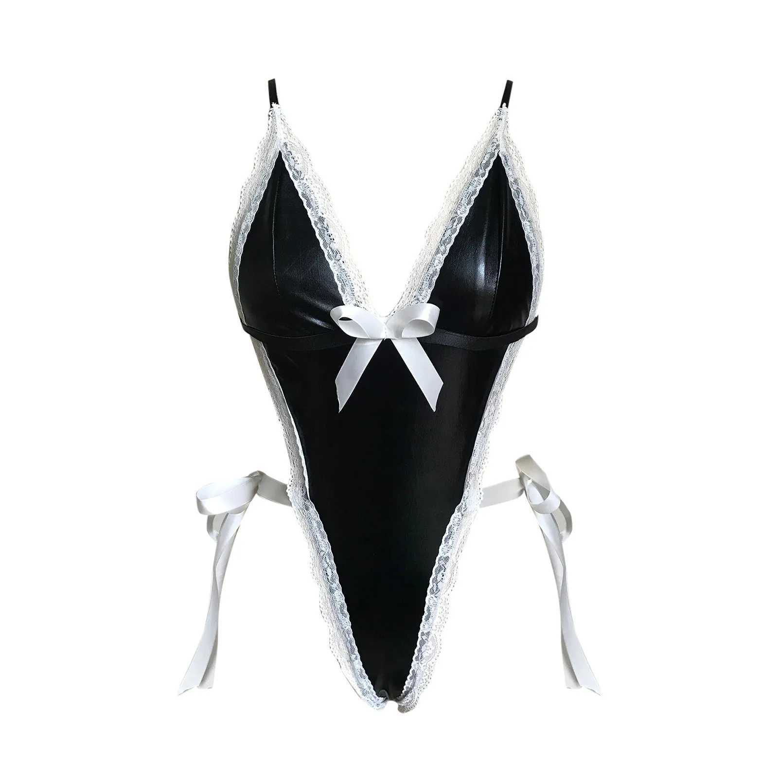 Women's Sleepwear Women Sexy Lingerie Maid Underwear Cosplay Come PU Leather Bodysuit Servant Hot Babydoll Dress Uniform Erotic Role Play Y240426