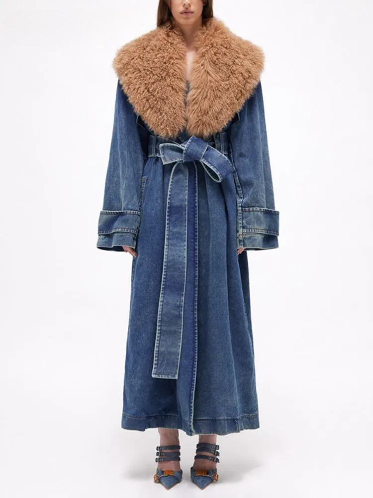 Colorblock Patchwork Lace Up Denim Coat For Women Fur Collar Long Sleeve Loose Casual Trench Female Fashion Style
