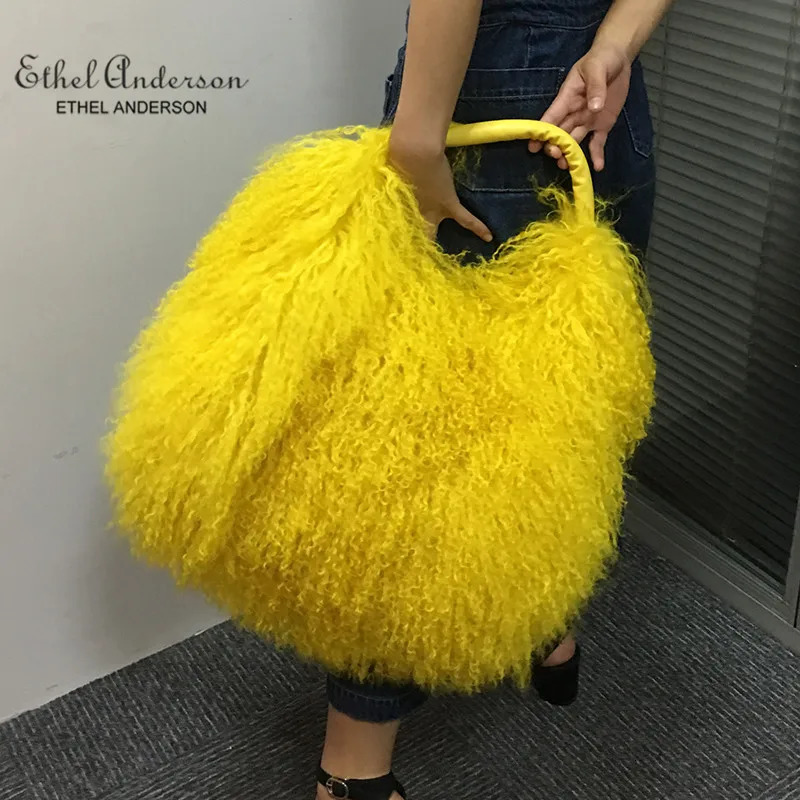 Ethel Anderson Womens Real Mongolia Fur Handbags Lamb Bag Manmade Shoulder Lady Simple Style Hand Bags 241125