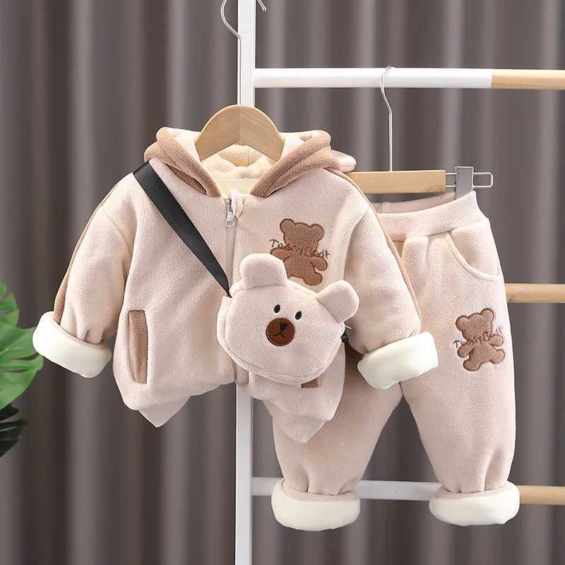 Clothing Sets Winter Baby Boys Clothes Cartoon Bear Hooded Jacket Coat Pants Bag 3Pcs/Set Cotton Warm Suit Children Clothing Toddler Tracksuit H241126