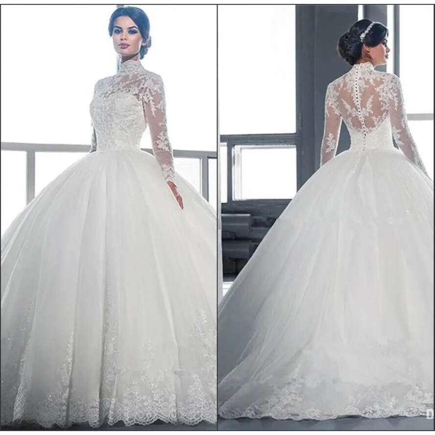 High Neck Lace Ball Gown Wedding Dresses Vintage Royal Long Sleeves Tulle Applique Sweep Train Bridal Gowns With Buttons Ba3955