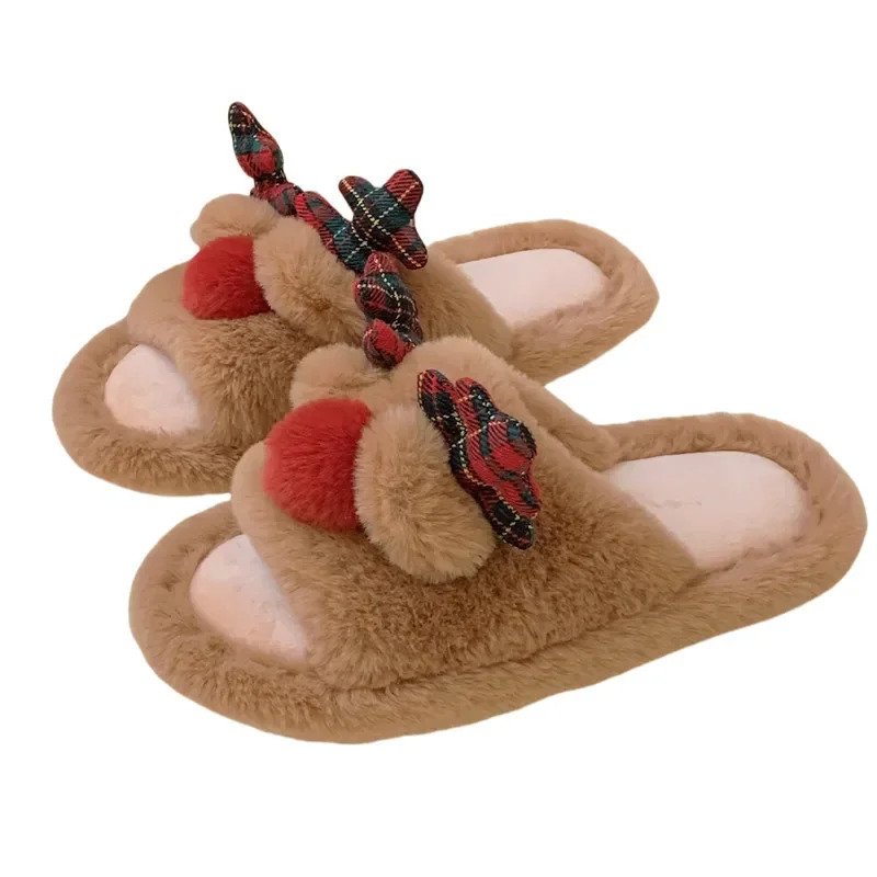 Winter girls cotton warm plush fur non-slip Christmas slippers antlers outdoor breathable sole soft home shoes 241126