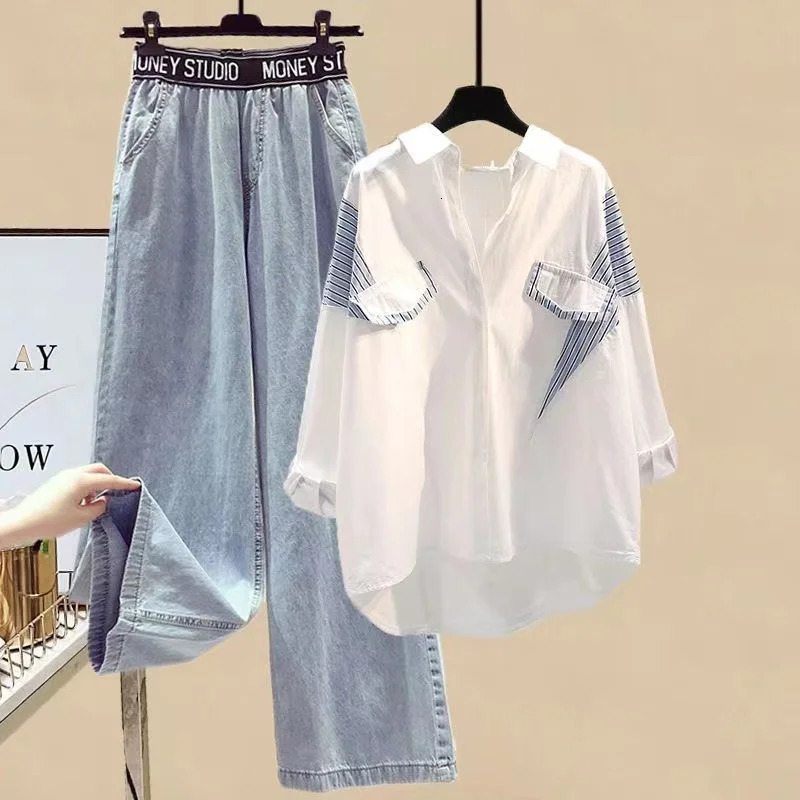 Summer Stitched Chiffon Long Sleeve Shirt Female Pant Set Elegant Womens Jeans Casual Ladies Blouse Two Piece 240423