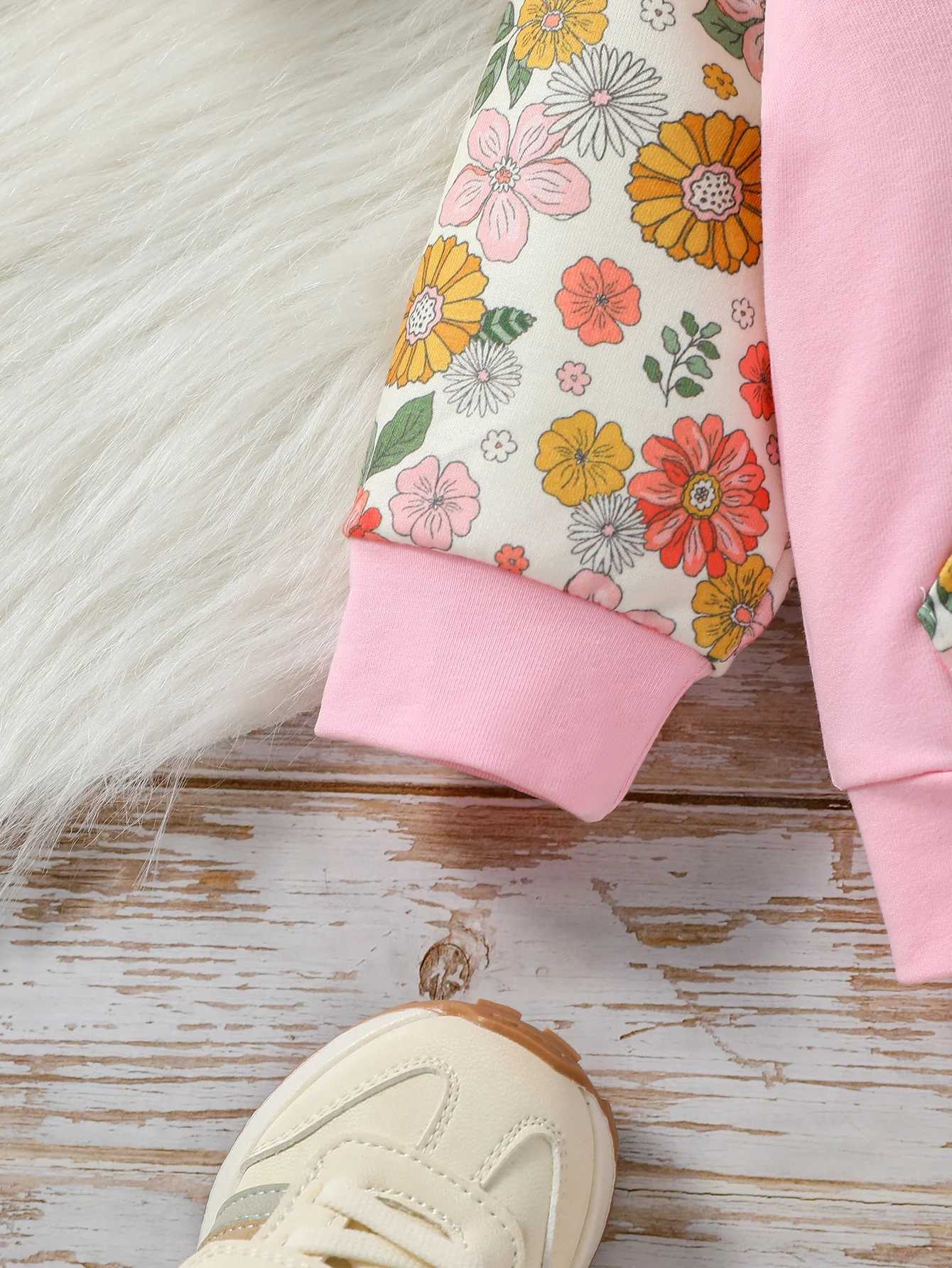 Clothing Sets 3Pcs baby Pink girl autumn casual and cute flower printing long-sleeve Hooded Sweatshirt + trousers Clothes +Headband H241126