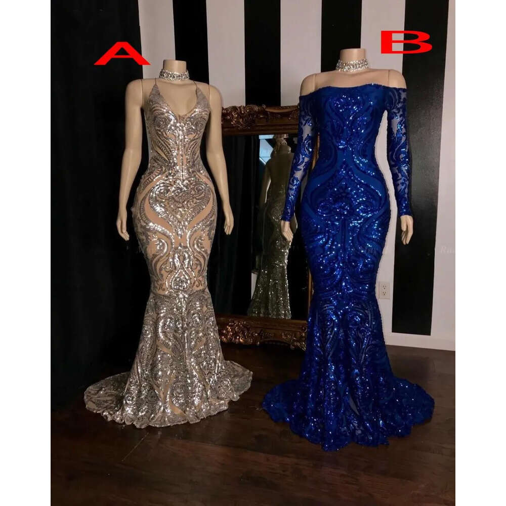 Sequined Prom Dresses Mermaid Sparkly Royal Blue Off The Shoulder Long Sleeves Formal Party Dress Plus Size Evening Gowns