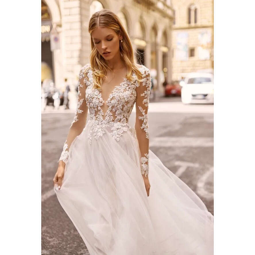 Berta Wedding Dresses Sheer Appliqued Long Sleeves Lace Bridal Gown Backless High Split Ruffle Sweep Train Robes De Mariee