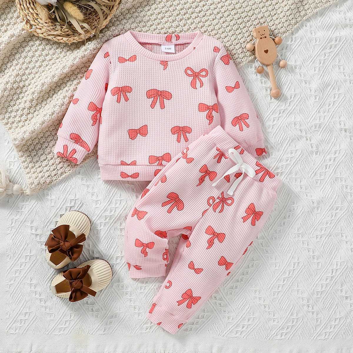 Clothing Sets Baby girl Pink autumn lovely and sweet Print Bow Long Sleeve Honey Streetwear Fashion Pantsuit H241126
